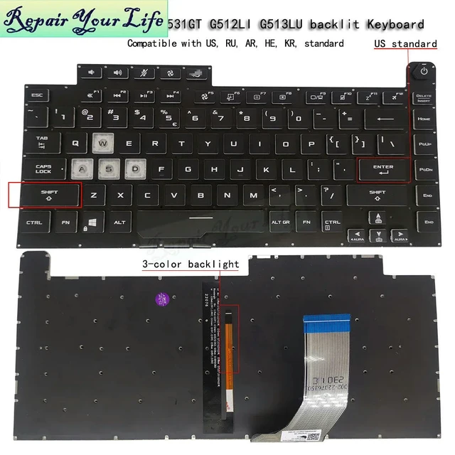 Alt view image 2 of 3 - G531 US English Backlit Keyboard For Rog Strix G531G G531GT G531GD G531GV G531GU G531GW Crystal Keycaps Backlight Keyboards