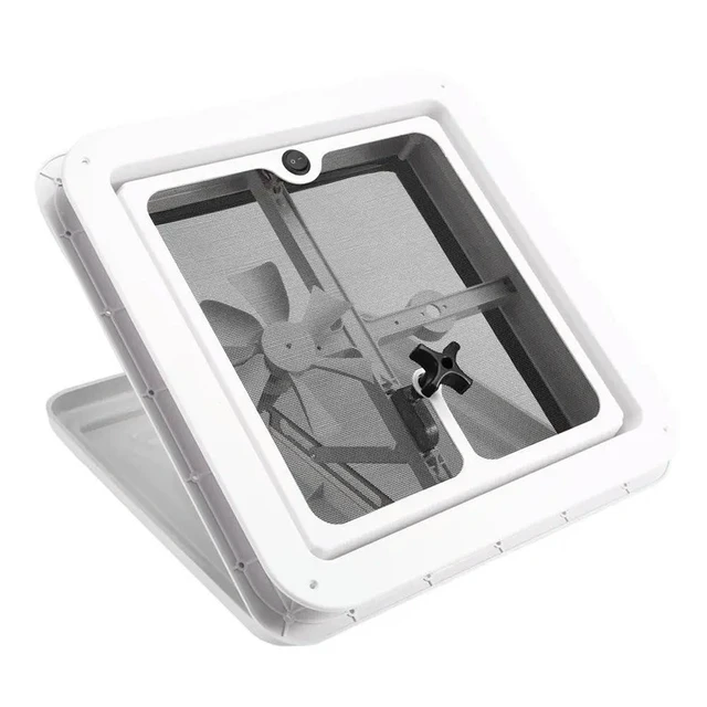 Alt view image 3 of 3 - RV Roof Vent 14 Inch X 14 Inch Exhaust Fan Only 1 Fan 12V Power White Lid Inner Garnish Fan