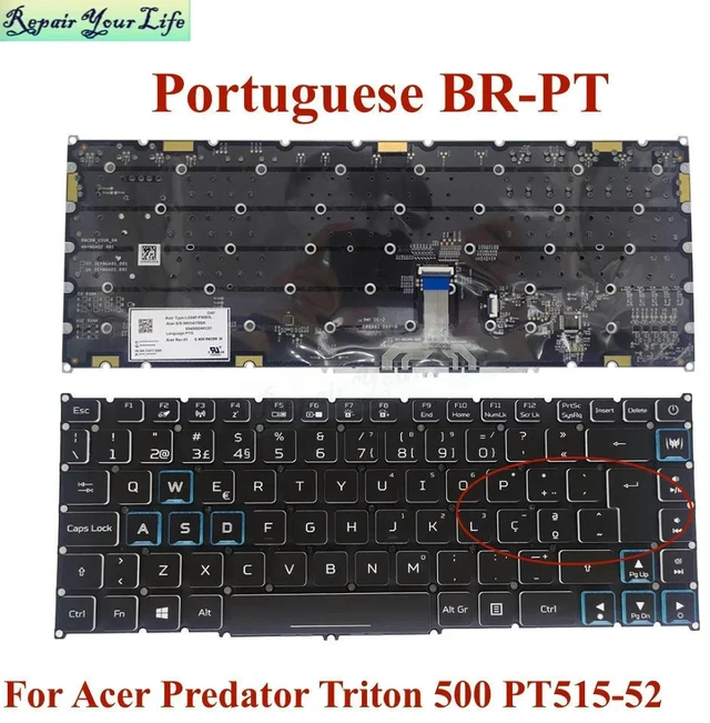 Main image of Abnt2 Brazil Portuguese RGB Backlit Keyboard For Predator Triton 500 PT515-52 75L8 709g 73L3 BRA PT-BR Teclado LG04P-P90B3L