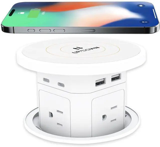 Main image of Pop Up Outlet with Wireless Charging, 9-in-1 Built-in Countertop Power Hub, Gas-Lift Design, 4-1/8" Cutout, 2500W for Kitchen, Office & Conference Table