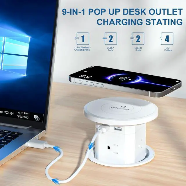 Alt view image 2 of 4 - Pop Up Outlet with Wireless Charging, 9-in-1 Built-in Countertop Power Hub, Gas-Lift Design, 4-1/8" Cutout, 2500W for Kitchen, Office & Conference Table