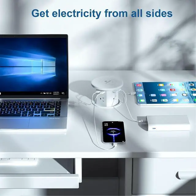 Alt view image 4 of 4 - Pop Up Outlet with Wireless Charging, 9-in-1 Built-in Countertop Power Hub, Gas-Lift Design, 4-1/8" Cutout, 2500W for Kitchen, Office & Conference Table