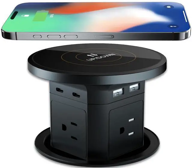 Main image of 9-in-1 Pop-Up Outlet with Wireless Charging 4 AC & 4 USB Ports, 2500W Overload Protection, 100-240V Global Voltage, 4-1/8" Cutout Hidden Countertop Power Hub for Kitchen, Office, Conference Table