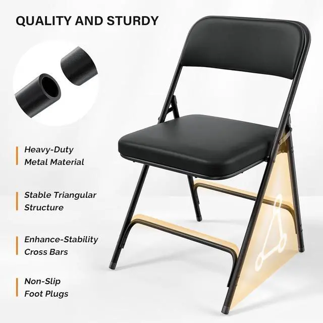 Alt view image 6 of 7 - Padded Folding Chairs with Thick Seat Cushion, Portable, Durable & Extra Comfortable Foldable Chairs for Indoor & Outdoor Events, Banquet, Party, Dinning, Work, Craft, PU, Black, 4 Pack