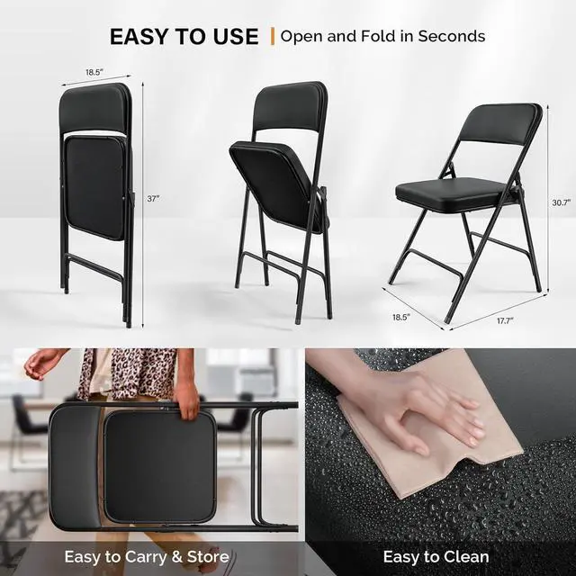 Alt view image 3 of 7 - Padded Folding Chairs with Thick Seat Cushion, Portable, Durable & Extra Comfortable Foldable Chairs for Indoor & Outdoor Events, Banquet, Party, Dinning, Work, Craft, PU, Black, 4 Pack