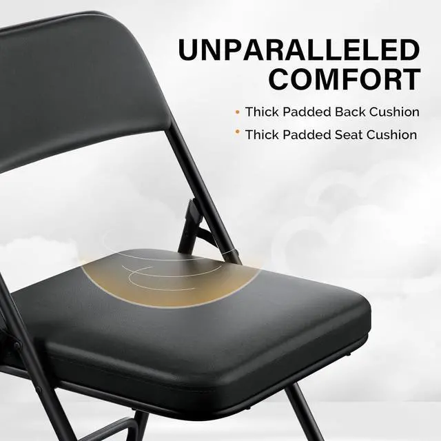 Alt view image 4 of 7 - Padded Folding Chairs with Thick Seat Cushion, Portable, Durable & Extra Comfortable Foldable Chairs for Indoor & Outdoor Events, Banquet, Party, Dinning, Work, Craft, PU, Black, 4 Pack