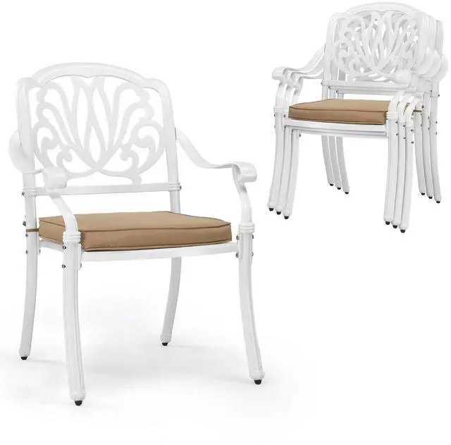 Main image of Patio Chairs Set of 4 - Stackable Outdoor Cast Aluminum Dining Chairs with Vintage White Finish and Floral Pattern, Metal Armchairs for Poolside, Backyard, Balcony (with Cushion)
