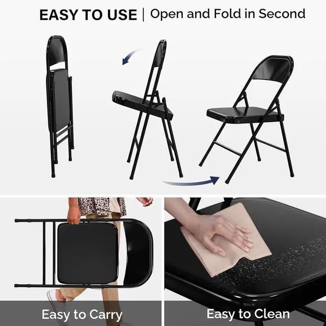 Alt view image 5 of 7 - Folding Chairs All Steel Metal Frame, Capacity 350 lbs, Durable Portable and Versatile for Indoor Outdoor Use, Black, Set of 4