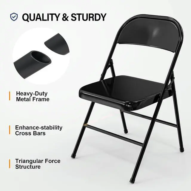 Alt view image 4 of 7 - Folding Chairs All Steel Metal Frame, Capacity 350 lbs, Durable Portable and Versatile for Indoor Outdoor Use, Black, Set of 4