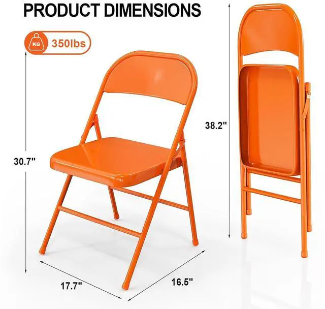 Alt view image 3 of 7 - Folding Chairs All Steel Metal Frame, Capacity 350 lbs, Durable Portable and Versatile for Indoor Outdoor Use, Orange, Set of 8