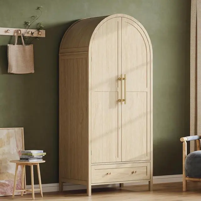 Alt view image 6 of 7 - Arched Wardrobe Closet Armoire with Drawer, 70" Tall Wooden Wardrobe Closet,Clothing Storage Cabinet, Large Capacity Storage, Natural Oak