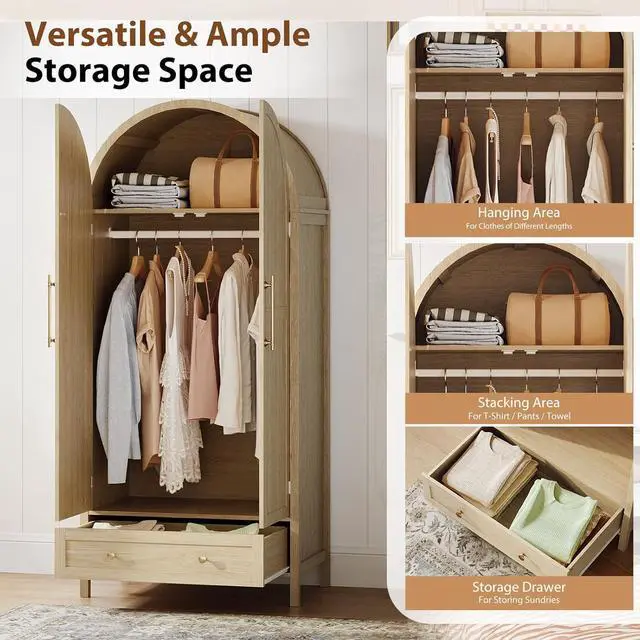 Alt view image 5 of 7 - Arched Wardrobe Closet Armoire with Drawer, 70" Tall Wooden Wardrobe Closet,Clothing Storage Cabinet, Large Capacity Storage, Natural Oak