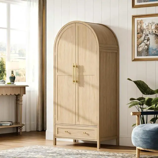 Main image of Arched Wardrobe Closet Armoire with Drawer, 70" Tall Wooden Wardrobe Closet,Clothing Storage Cabinet, Large Capacity Storage, Natural Oak