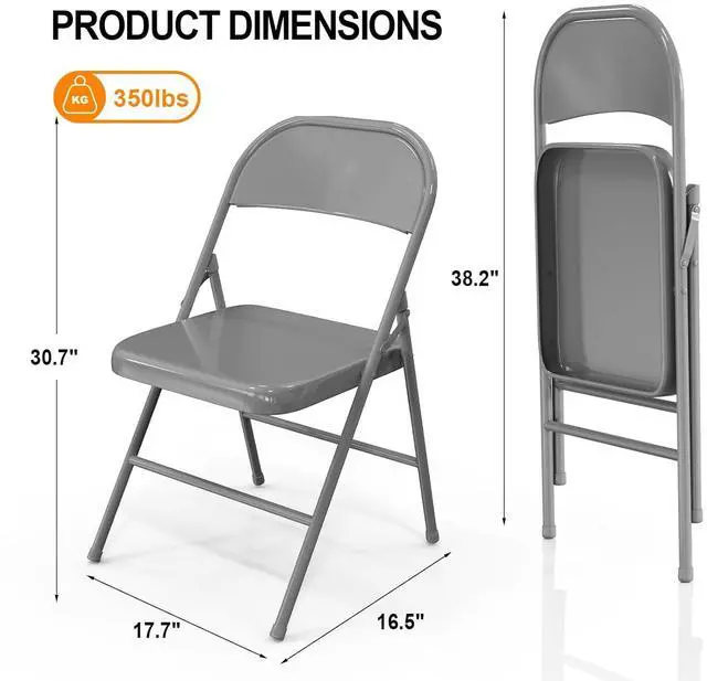 Alt view image 3 of 7 - Folding Chairs All Steel Metal Frame, Capacity 350 lbs, Durable Portable and Versatile for Indoor Outdoor Use, Gray, Set of 4