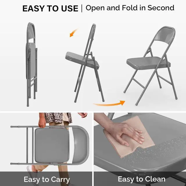 Alt view image 6 of 7 - Folding Chairs All Steel Metal Frame, Capacity 350 lbs, Durable Portable and Versatile for Indoor Outdoor Use, Gray, Set of 8