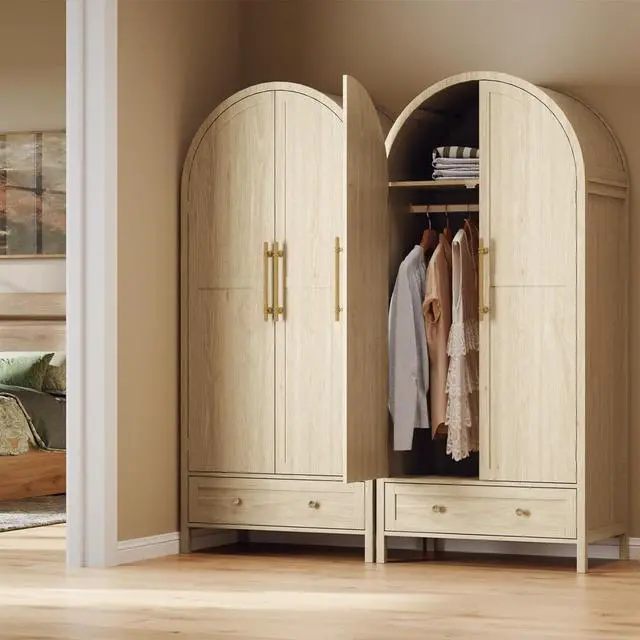 Alt view image 7 of 7 - Arched Wardrobe Closet Armoire with Drawer, 70" Tall Wooden Wardrobe Closet,Clothing Storage Cabinet, Large Capacity Storage, Natural Oak