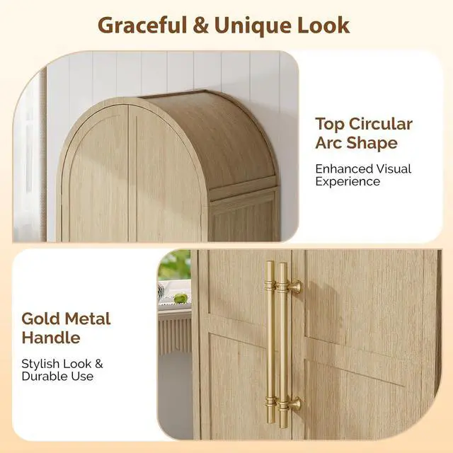 Alt view image 3 of 7 - Arched Wardrobe Closet Armoire with Drawer, 70" Tall Wooden Wardrobe Closet,Clothing Storage Cabinet, Large Capacity Storage, Natural Oak