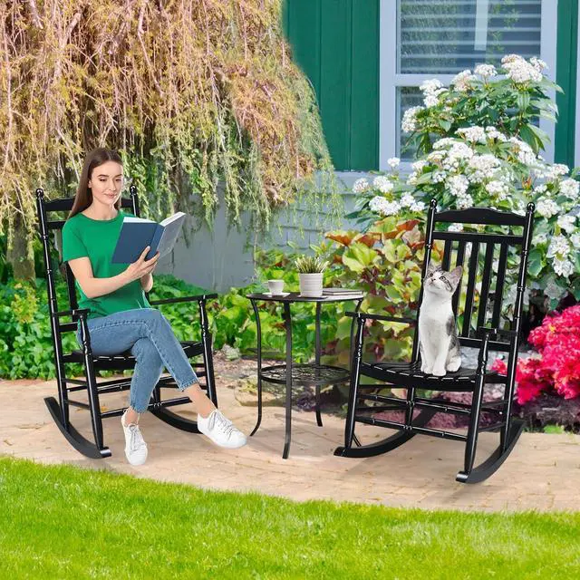 Alt view image 7 of 7 - Wooden Rocking Chair Outdoor Set of 2, Patio Rockers with High Back, Support 450 LBS Rocking Chairs, for Porch, Patio, Balcony, Garden, Yard (Black, 2 PCS)