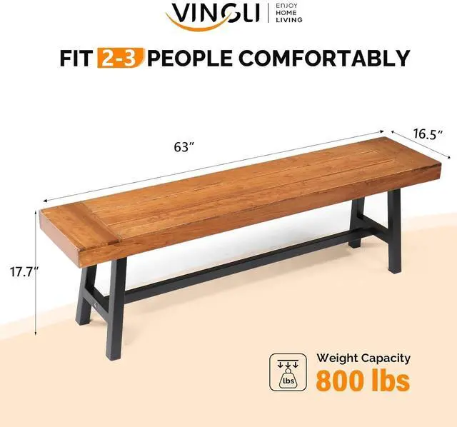 Alt view image 3 of 7 - Outdoor Bench with Metal Legs Rustic, Wood Dining Bench Indoor Outdoor Porch Benches for Yard Garden Dining (63in)