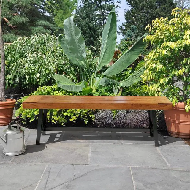 Alt view image 2 of 7 - Outdoor Bench with Metal Legs Rustic, Wood Dining Bench Indoor Outdoor Porch Benches for Yard Garden Dining (63in)