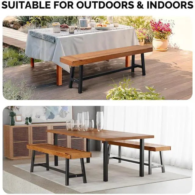 Alt view image 4 of 7 - Outdoor Bench with Metal Legs Rustic, Wood Dining Bench Indoor Outdoor Porch Benches for Yard Garden Dining (63in)