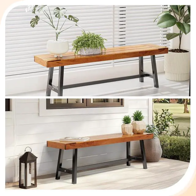 Alt view image 7 of 7 - Outdoor Bench with Metal Legs Rustic, Wood Dining Bench Indoor Outdoor Porch Benches for Yard Garden Dining (63in)