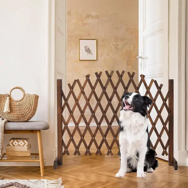 Alt view image 2 of 7 - 2Pcs Expandable Garden Fence with Arched Top, 31.5in Freestanding Lattice Fence, Solid Wood Retractable Trellis, Instant Room Divider, Extentable Pet Gate for Home Patio Yard (Carbonized Brown)
