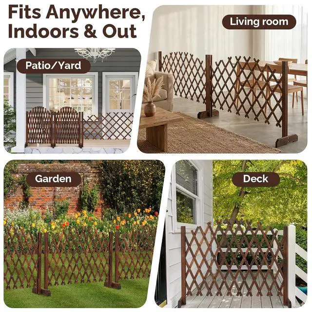 Alt view image 6 of 7 - 2Pcs Expandable Garden Fence with Arched Top, 31.5in Freestanding Lattice Fence, Solid Wood Retractable Trellis, Instant Room Divider, Extentable Pet Gate for Home Patio Yard (Carbonized Brown)
