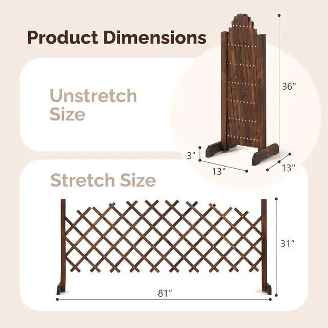 Alt view image 5 of 7 - 2Pcs Expandable Garden Fence with Arched Top, 31.5in Freestanding Lattice Fence, Solid Wood Retractable Trellis, Instant Room Divider, Extentable Pet Gate for Home Patio Yard (Carbonized Brown)