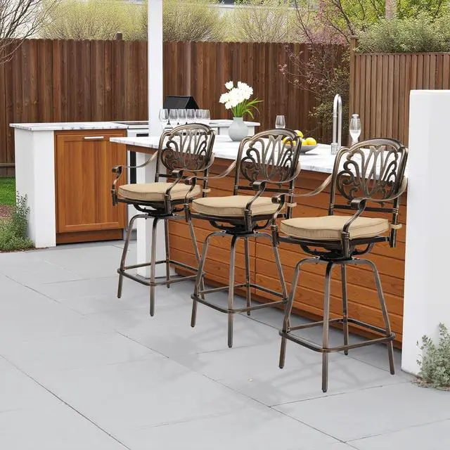 Alt view image 2 of 7 - Outdoor Swivel Bar Stools Set of 2, Cast Aluminum Patio Bar Height Chairs, All-Weather Bar Dining Chairs Outdoor Swivel Patio Furniture (Elizabethan Back)