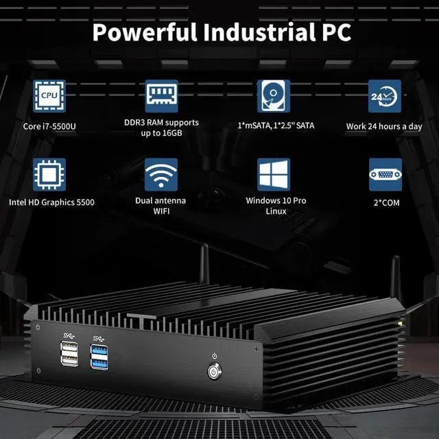 Alt view image 2 of 7 - Fanless Industrial Mini PC, Desktop Computer Core i7-5500U Windows 10 Pro, 16GB RAM 256GB SSD, 2xNICs, 2*COM RS232, 4xUSB3.0, Dual-Band WiFi, HDMI/VGA Ports, Gigabit LAN, Auto Power On
