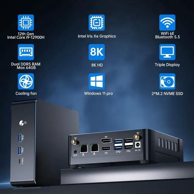 Alt view image 3 of 7 - Mini PC i9-12900H 14C/20T, 64G DDR5 RAM 1T SSD, Mini Desktop Computer Windows 11 Pro (TPM2.0), DP/HDMI/Type-C Triple Display, WiFi 6E Bluetooth5.3 for Home/Business