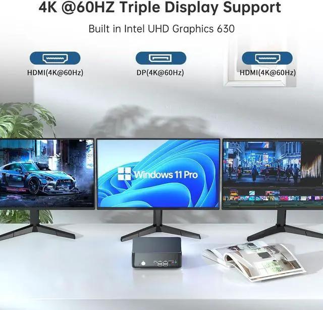 Alt view image 4 of 7 - Mini PC with Core i9-9880H 2.3 up to 4.8GHz, 32G DDR4 1T SSD, Windows 11 Pro Desktop Computer, DP*1, HDMI*2 Support Triple Display, WiFi6E/BT5.3, VESA, Optical, Dual 2.5G LAN
