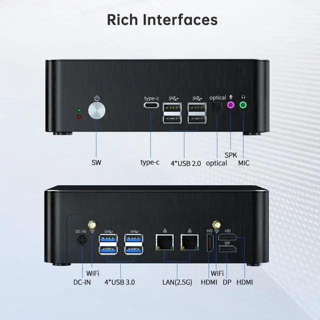 Alt view image 7 of 7 - Mini PC with Core i9-9880H 2.3 up to 4.8GHz, 32G DDR4 1T SSD, Windows 11 Pro Desktop Computer, DP*1, HDMI*2 Support Triple Display, WiFi6E/BT5.3, VESA, Optical, Dual 2.5G LAN