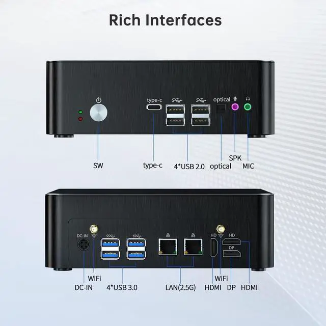 Alt view image 7 of 7 - Mini PC with Core i9-9880H 2.3 up to 4.8GHz, 16G DDR4 512G SSD, Windows 11 Pro Desktop Computer, DP*1, HDMI*2 4K@60Hz Triple Display, Optical, Dual LAN, WiFi6E/BT5.3,VESA