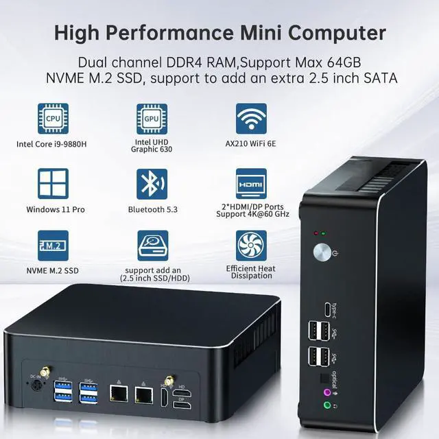 Alt view image 3 of 7 - Mini PC with Core i9-9880H 2.3 up to 4.8GHz, 16G DDR4 512G SSD, Windows 11 Pro Desktop Computer, DP*1, HDMI*2 4K@60Hz Triple Display, Optical, Dual LAN, WiFi6E/BT5.3,VESA