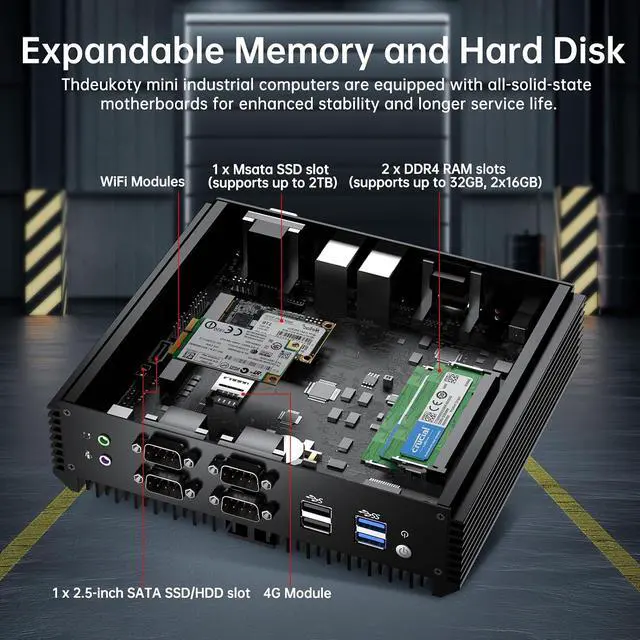 Alt view image 6 of 7 - Industrial Mini PC, Fanless Desktop Computers Win 11 Pro, HTPC i3-8130U up to 3.4Ghz, 16G DDR4 512G SSD/COM/USB 3.0/4K/HDMI/VGA/2.5G LAN/WIFI6/BT 5.2/Full Metal Case/Auto Power On