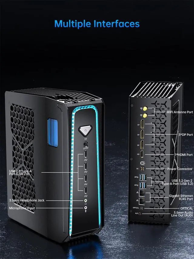Alt view image 6 of 7 - Mini Gaming Pc Core i9-13900F(24C, 32T, Up to 5.6GHz) 32GB DDR5 1TB SSD, Liquid Cooled Desktop Computer with RTX 4060Ti WiFi 6E, BT5.3, RJ45 Port, Quad Display for Gaming/Design/Office