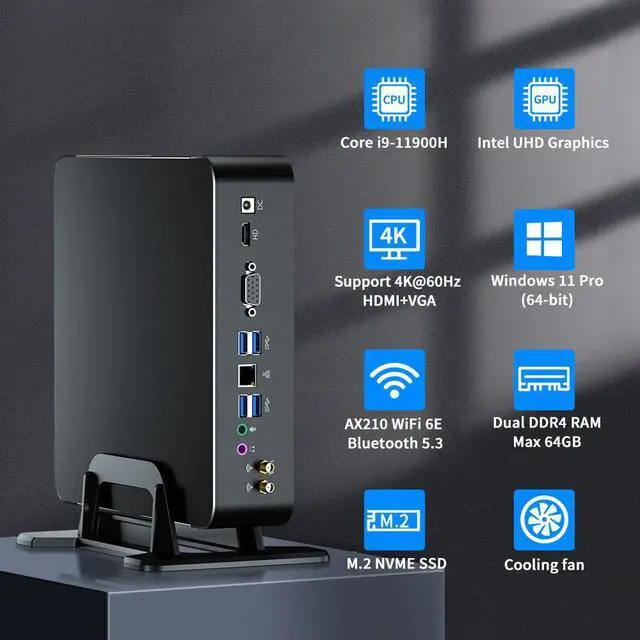 Alt view image 2 of 7 - Mini PC i9-11900H 8 Cores Up to 4.9GHz, Deaktop Computer Windows 11 pro, 16G DDR4 RAM 512G M.2 NVME SSD, 4K HDMI2.0 VGA Dual Display, Wifi6E Bluetooth5.3, Gigabit LAN for Office/Home