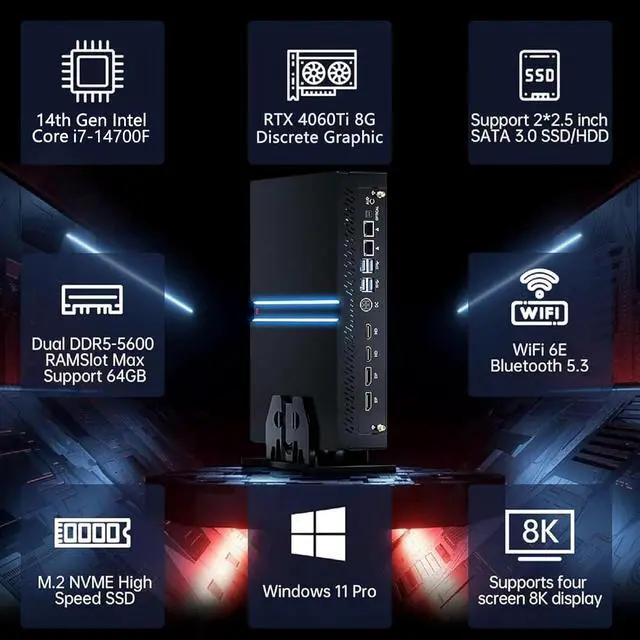 Alt view image 2 of 7 - Mini Gaming Pc, Core i7-14700F(up to 5.4GHz) with RTX4060Ti, Desktop Computers Win 11 Pro, 64G DDR5 RAM/2T M.2 SSD/WIFI6E/BT5.3/Dual LAN/USB 3.2/8K HDMI DP, Four Display for Game/Design