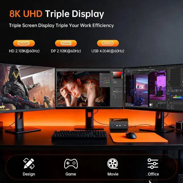 Alt view image 4 of 7 - Mini PC AMD Ryzen AI 9 HX 370, 32G DDR5 2TB SSD, Desktop Gaming Computers with Dual 2.5G LAN, Oculink, Win 11 Pro, WiFi 7, BT 5.4, Support Triple Display, VESA, Black