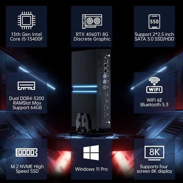 Alt view image 2 of 7 - Mini PC Gaming i5-13400F with RTX4060Ti, Desktop Computer Windows 11 Pro, 64G DDR4 RAM 2T SSD, WiFi6E Bluetooth 5.3, Optical, 2* HDMI 2* DP, 8K, Four Display for Gaming/Design
