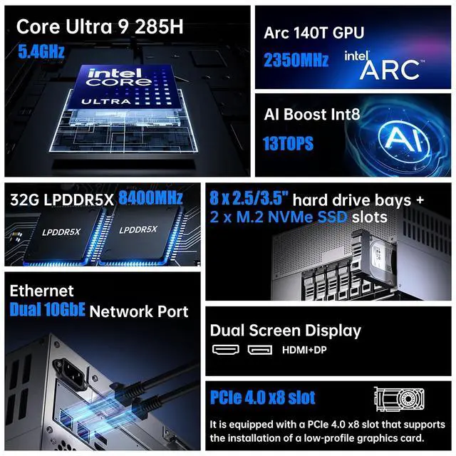 Alt view image 2 of 7 - Desktop NAS 8-Bay, Ultra 9 285H AI CPU, 32GB LPDDR5X 8400Mhz RAM, 2 x 10GbE, 2 x M.2 NVMe Slots, HD/DP, PCIe 4.0 x 8 Slot, USB 4, Support Dual System Network Attached Storage (Diskless)