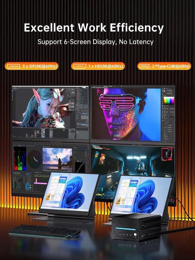 Alt view image 4 of 7 - AI Mini Gaming PC Ryzen 5 9600X(6C/12T,Up to 5.4Ghz), 64GB DDR5 4TB SSD, Desktop Computer with RTX 5060Ti 16G, Dual 2.5G LAN, Type-C, Win 11 Pro, WiFi 7, BT 5.4, Support Six Display