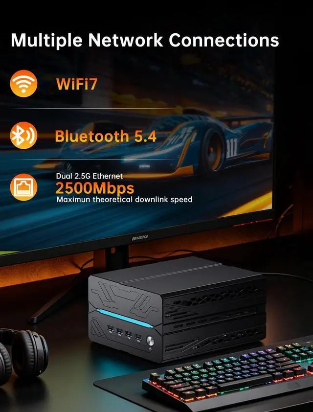 Alt view image 5 of 7 - AI Mini Gaming PC Ryzen 5 9600X(6C/12T,Up to 5.4Ghz), 64GB DDR5 4TB SSD, Desktop Computer with RTX 5060Ti 16G, Dual 2.5G LAN, Type-C, Win 11 Pro, WiFi 7, BT 5.4, Support Six Display