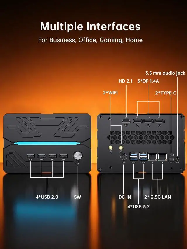 Alt view image 7 of 7 - AI Mini Gaming PC Ryzen 5 9600X(6C/12T,Up to 5.4Ghz), 64GB DDR5 4TB SSD, Desktop Computer with RTX 5060Ti 16G, Dual 2.5G LAN, Type-C, Win 11 Pro, WiFi 7, BT 5.4, Support Six Display