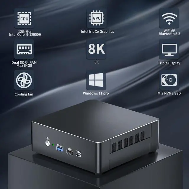 Alt view image 3 of 7 - Mini PC i9-12900H 14C/20T Up to 5.0GHz, Mini Desktop Computer Windows 11 Pro (TPM2.0), 64G RAM 2T Pcie 4.0 SSD, DP/HDMI/Type-C Triple Display, WiFi 6E Bluetooth5.3 VESA for Home/Business