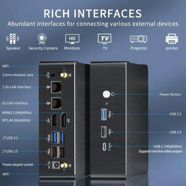Alt view image 6 of 7 - Mini PC i9-12900H 14C/20T Up to 5.0GHz, Mini Desktop Computer Windows 11 Pro (TPM2.0), 64G RAM 2T Pcie 4.0 SSD, DP/HDMI/Type-C Triple Display, WiFi 6E Bluetooth5.3 VESA for Home/Business