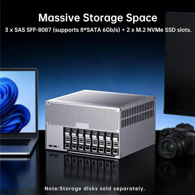 Alt view image 4 of 7 - Desktop NAS 8-Bay, Ultra 9 285H AI CPU, 32GB LPDDR5X 8400Mhz RAM, 2 x 10GbE, 2 x M.2 NVMe Slots, HD/DP, PCIe 4.0 x 8 Slot, USB 4, Support Dual System Network Attached Storage (Diskless)
