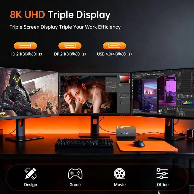Alt view image 4 of 7 - Mini PC AMD Ryzen AI 9 HX 370, 32G DDR5 2TB SSD, Desktop Gaming Computers with Dual 2.5G LAN, Oculink, Win 11 Pro, WiFi 7, BT 5.4, Support Triple Display, VESA, Gray